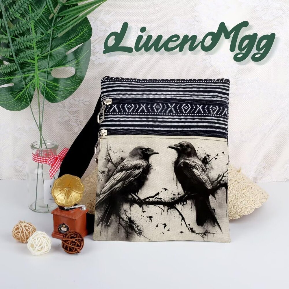 Ink Crow Messenger Bag Small Ethnic Pattern Printed Adjustable Strap Crossbody Z - Picture 5 of 7